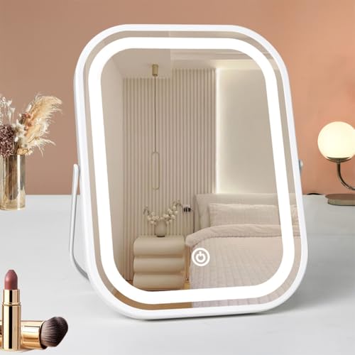 Travel Makeup Mirror with Lights, Portable Small Beauty LED Vanity Mirror with Lights, 1200mAh Battery, Dimmable Touch Screen, Tabletop Folding Compact Mirror,Women Gift