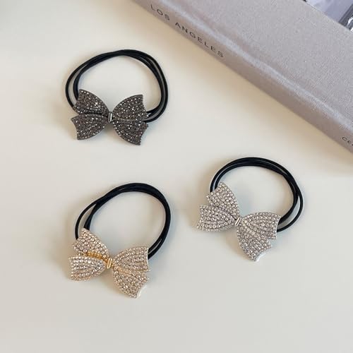 3PCS Metal Rhinestone Bow Hair Ties for Women,Sparkly Hair Scrunchies for Ponytail Holders,Cute French Elastic Rubber Band Accessories,Gold Silver Black Crystal Hair Cuffs for Thick Thin Hair
