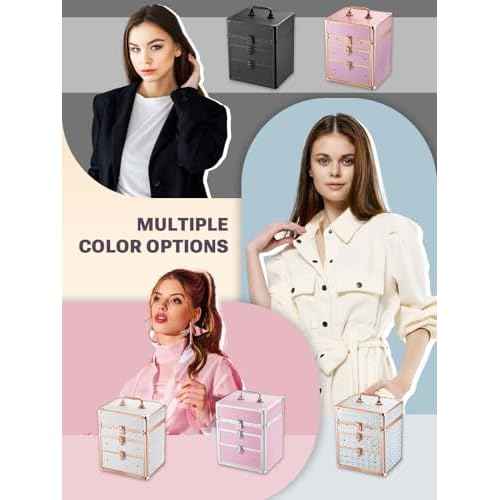 Qislee Makeup Box with Double Drawers and Four Trays, A Detachable Lighted Mirror, Waterproof Travel Train Case, Cosmetic Organizer and Makeup Suitcase with Magnetic LED Mirror(Black)