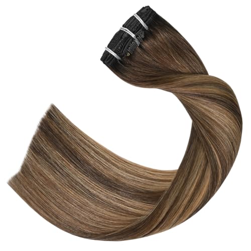 Balayage Hair Extensions Real Human Hair, Ombre Medium Brown Fading to Caramel Blonde 14 inches 120g Highlights 100% Human Hair Natural Straight Woman Beauty Clip ins #4/27/4
