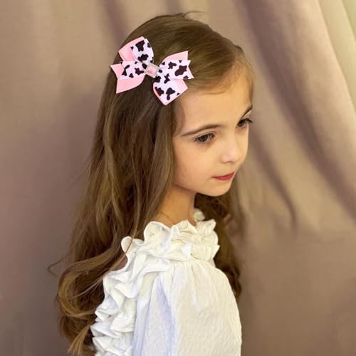 2 Pcs Pink Cow Hair Bow Clips, 4.3 Inch Animal Print Ribbon Bowknot Alligator Barrettes, Cute Print Hairpins Bows Barrettes for Cowgirls Theme Birthday Party Dress Outfit Costume Decor Accessories