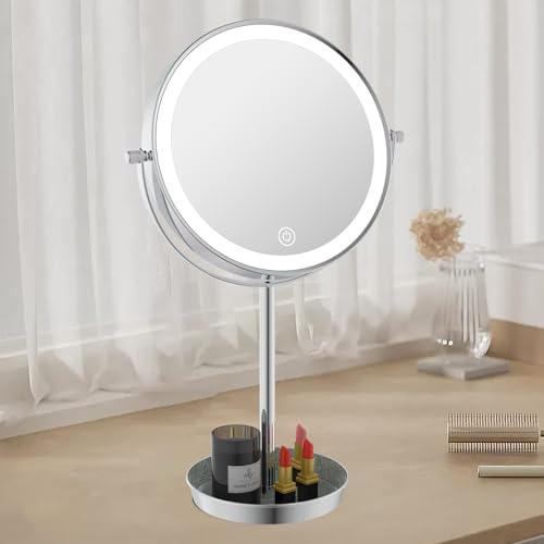 8" Lighted Makeup Mirror with 3 Color Lights and 1X 10X Magnification, Magnifying Vanity Mirror with Jewelry Holder and Storage Base, Dimmable,Touch Control, Chrome