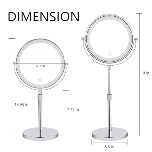 HIEEY Lighted Makeup Mirror with Magnification, 1x/10x Rechargeable 8" Lighted Mirror, 360¡Æ Rotation Touch Screen Vanity Mirror, Three Color Lighting Modes, Height Adjustable (Gift Box)