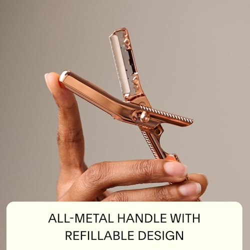 Leaf Shave | Leaf Dermaplaner Kit, All-Metal Reusable Dermaplane Razor and Exfoliating Tool for Women, Includes Matching Stand and 10-Pack of Refills - Rose Gold