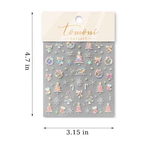 1 Sheet Pink Aurora Christmas Nail Art Sticker 5D Embossed Christmas Tree Snowflake Bowknot Cute Christmas Stocking Nail Decal Acrylic Design Women DIY Nail Salon
