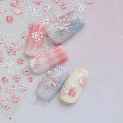 5D Embossed Pink Flower Nail Stickers Self-Adhesive Spring Summer Nail Art Stickers White Bow with Cherry Blossoms Gold Glitter Design Nail Art Supplies Floral Nail Decals for Women Acrylic Nails