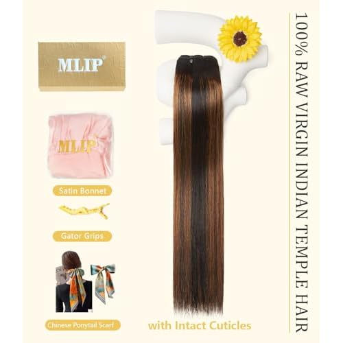 mlip Raw Indian Hair Bundle Straight, Enhanced Quality Bundle, 18A Virgin Hair 14 inches, No Tangle Shedding, Triple the Lifespan, Keep Texture Silky Soft After Multiple Washes, Highlight Color