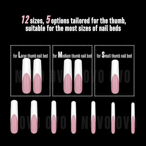 NOVO OVO XXL Curved Square White French Tip False Nail Tips Press on, BERRY PINK Full Cover Extra Thick Long XL Acrylic Hawk Curve Fake Extension Kit, Need Top Coat for Salon DIY 12 Sizes 144 pcs