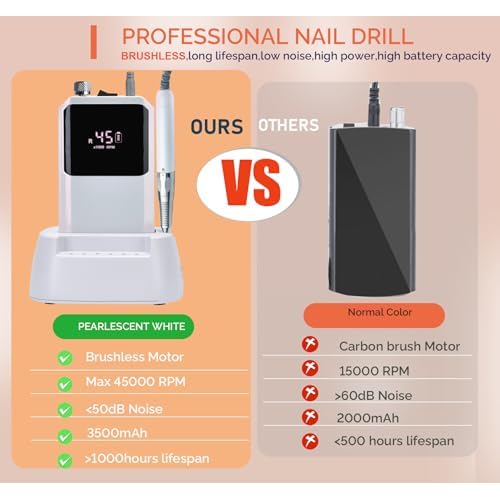 Professional Nail Drill Machine - Cordless Brushless Motor Nail File, 45000 RPM 2*3500mAh Portable Efile for Acrylic Gel Nails with 6 Bits & ETL-Certified USB Charger for Salon & Home