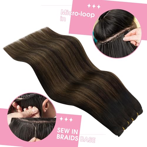 YoungSee Human Hair Sew in Extensions Brown Balayage Human Hair Weft Extensions Darkest with Medium Brown Balayage Sew in Hair Extensions Long Straight Hair 100G 22Inch