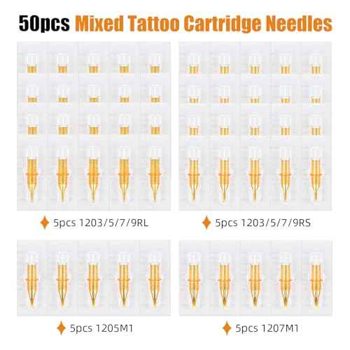 50pcs Mixed Tattoo Cartridge Needles, ATOMUS Assorted Disposable Tattoo Needle 3RL 5RL 7RL 9RL 3RS 5RS 7RS 9RS 5M1 7M1 for Tattoo Machine(Gold)