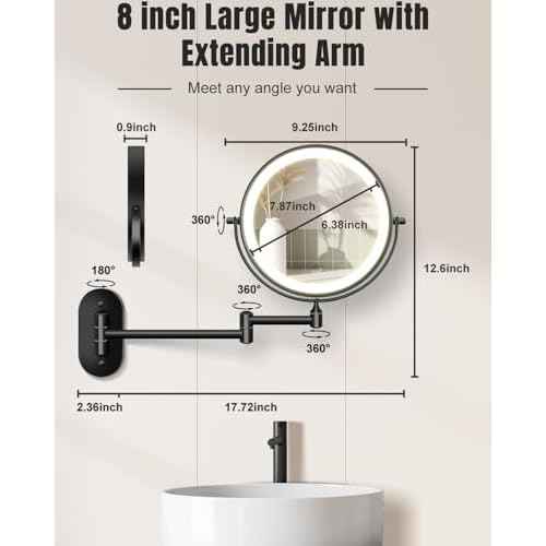 30X/1X Wall Mounted Lighted Makeup Mirror, 8'' Double Sided Rechargeable Magnifying Bathroom Mirror with Light, 3 Color Lights Touch Dimmable Extended Arm 360 Rotation Light up Mirrors