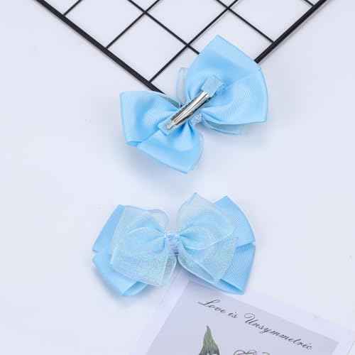 Glitter 4.5-Inch Hair Bows Organza Alligator Clips, Sequin Delicate Double Silver Thread Woven Mesh Hair Accessories for Girls, Toddler, Kids and Women Birthday Wedding - Set of 2 (Light Blue)