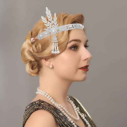 GORTIN 1920's Flapper Headband Inspired Leaf Headpiece Rhiestones Pearl Headdress Cocktail Party Bride Wedding Flapper Hair Accessories for Women and Girls (Silver)
