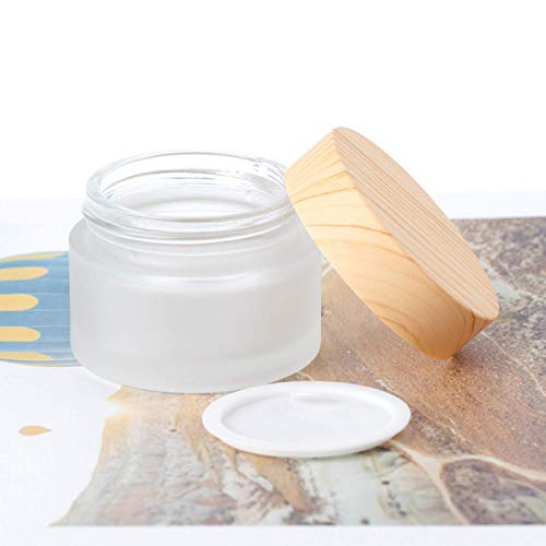 50 Gram/50 ml Empty Sample Jars Round Frosted Glass Bottle Cosmetic Cream Jar Wood Grain Lid Cosmetic Container Glass Cream Box Refillable Cream Pot Jars for Lip Balm Lotion Eyeshadow,4 Pack