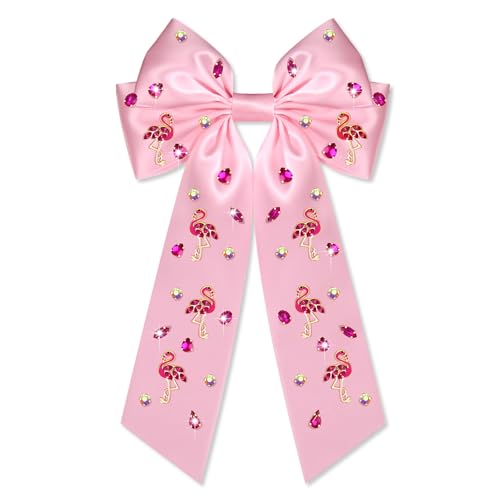 Flamingo Hair Bows for Women Tropical Flamingo Hair Clips Crystal Jeweled Big Pink Bows Satin Hair Ribbon Barrettes Boho Hawaiian Summer Beach Accessories Costume Outfits Party Favors (Pattern A1)