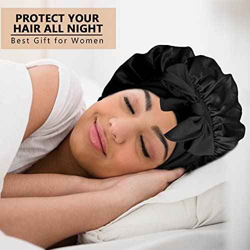 3pcs Satin Bonnets for Black Women, Large Silky Bonnet with Tie Band, Jumbo Braids Bonnet, A