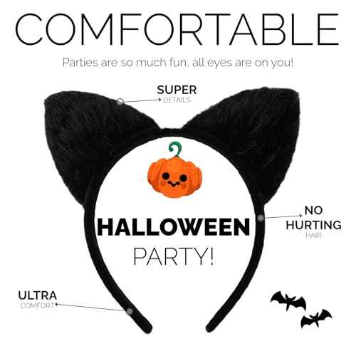 Halloween Cat Ears Headband ? Black Cat Ears Hair Accessory for Cosplay, Fancy Dress, Masquerade & Party Costumes (Soft Style)
