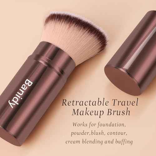 Makeup Brush Kabuki Face Brushes Retractable Travel Blush Kabuki Brush Portable Flawless for Foundation, Powder Blush, Bronzer, Buffing, Liquid, Cream, Cruelty Free with Cover(Brown)