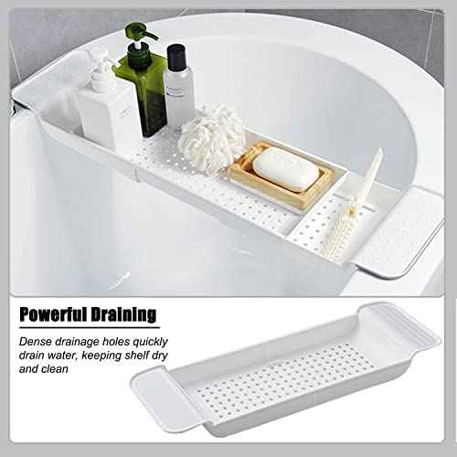 Expandable Drain Bath Shelf Caddy Tray, Multifunctional Plastic Bathtub Tray Bathroom Organizer Simple Stylish Bathtub Storage Rack for Candle Towel, Book, Wine, Phone, Shower