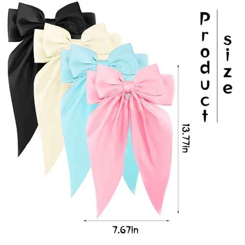 Zkptops 4Pcs Hair Bow Clips for Women Girls Silky Satin Bow Hair Clips Hair Ribbon with Long Tail Cute Oversized Hair Clips Soft Large Big Hair Barrettes Hair Accessories (Black Beige Blue Pink)