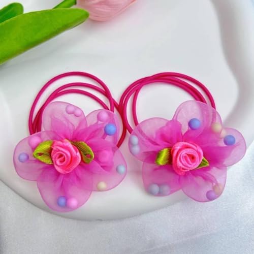 10pcs Upscale Hair Ties with Colored Pretty Flowers Beads Elastic Gauze Hair Bands Hair Accessories for Little Girls Kids Toddlers (5 Pairs)