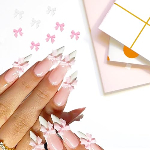 50Pcs 3D Nail Bows Nail Charms,Pink White Bow Nail Charms for Nails Design Cute Bowknots Nail Charm Resin Bowknot Ribbon Nail Design Nails Charms for Women Nail Supplies Nail Decorations Nail Art