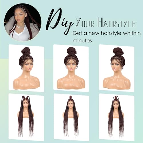360 HD Full Lace Knotless Braided Wigs with Baby Hair Box Braid Wig for Women Premium Synthetic Burgundy Natural Braided Lace Front Wigs 36 Inch