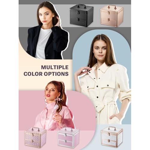 Qislee Makeup Box with Drawer and A Detachable Lighted Mirror, Waterproof Travel Train Case, Cosmetic Organizer and Makeup Suitcase with Adjustable Dividers, Magnetic LED Mirror (Black)