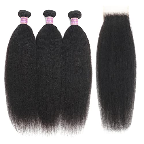 Kinky Straight Human Hair 3 Bundles With 4x4 Lace Closure Free Part 100% Unprocessed Brazilian Remy Yaki Straight Human Hair Extensions With Closure,Natural Black (12 12 12+10Closure)