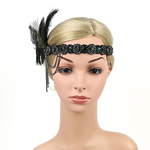 STIOEDYUAN 1920s Feather Headband Flapper Headpiece Beaded Gatsby Rhinestone Hair Chain Accessories Women Tassel Headdress