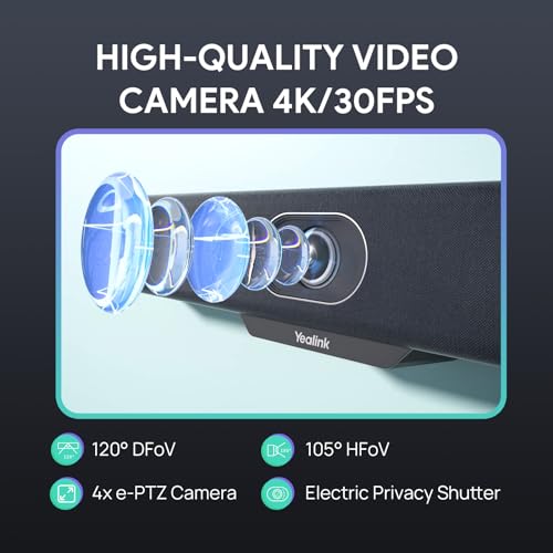 Yealink Video Conference Camera, 4K Webcam, 120° Ai Auto Framing, 8 Microphone Arrays & Speaker Tracking, Ai Noise Cancellation Teams Certified, Meetingbar A10 All-in-one Conference Room Camera System