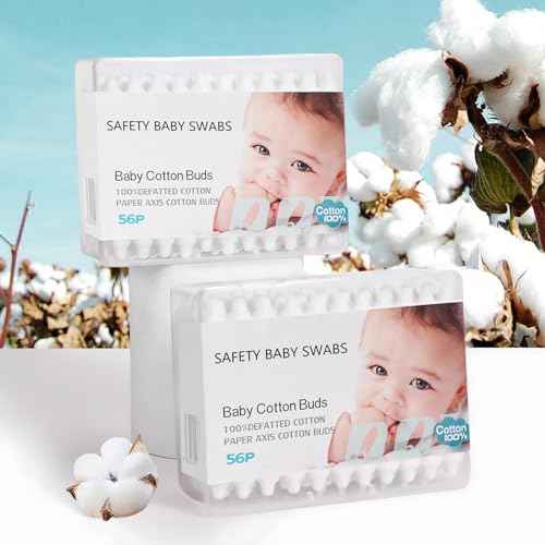 Baby Cotton Swabs, Organic Chlorine-Free Safety Swabs for Kids or Newborn Babies, 100% Biodegradable Gentle Baby Qtips, Cruelty-Free & Hypoallergenic Children Cotton Buds (4 packs of 55 ct. Total 220)