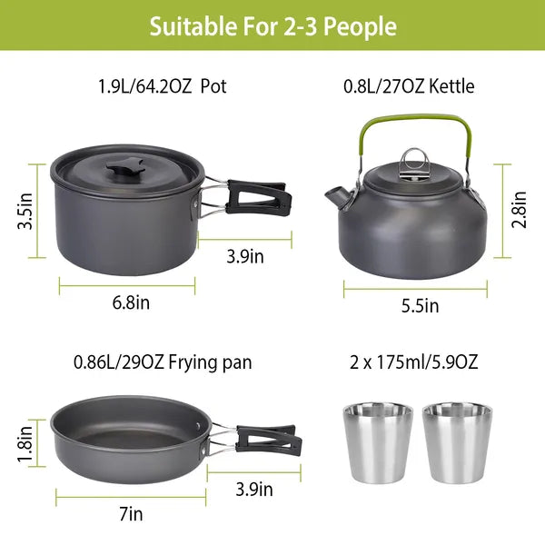 12-Piece Camping Cookware Set - Aluminum Pots, Pans & Utensils