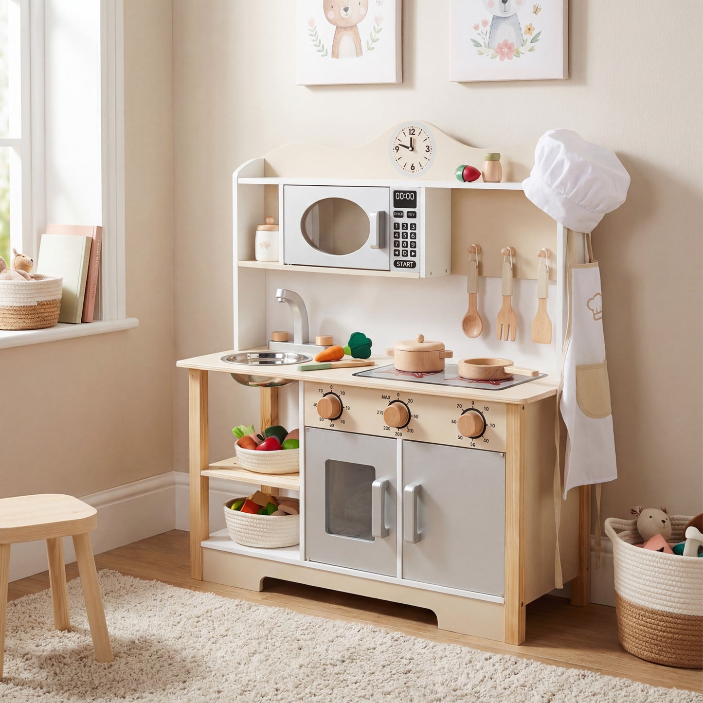 Wooden Play Kitchen Set Realistic Toddler Playset With Oven