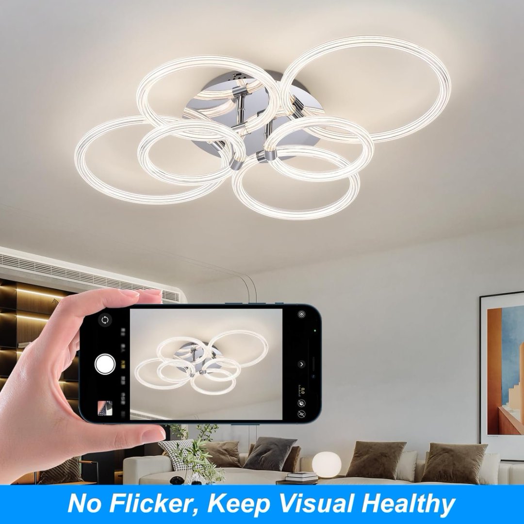 Modern LED Flush Mount Ceiling Light with Dimmable Remote Control, 6-Ring Acrylic Fixture for Bedroom Living Room Kitchen Office