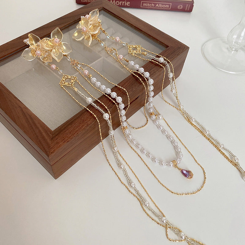 Pearl Studded Flower Duckbill Hair Clip - Long Tassel Design