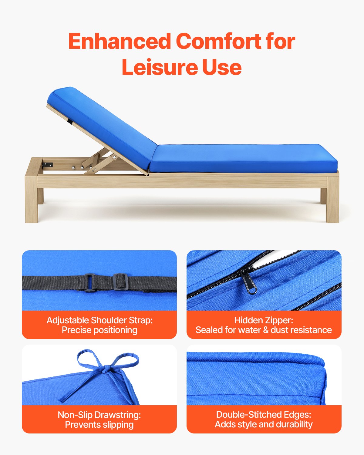 Outdoor Chaise Lounge Cushion with Ties - Waterproof Thick Support for Garden Chairs, Blue
