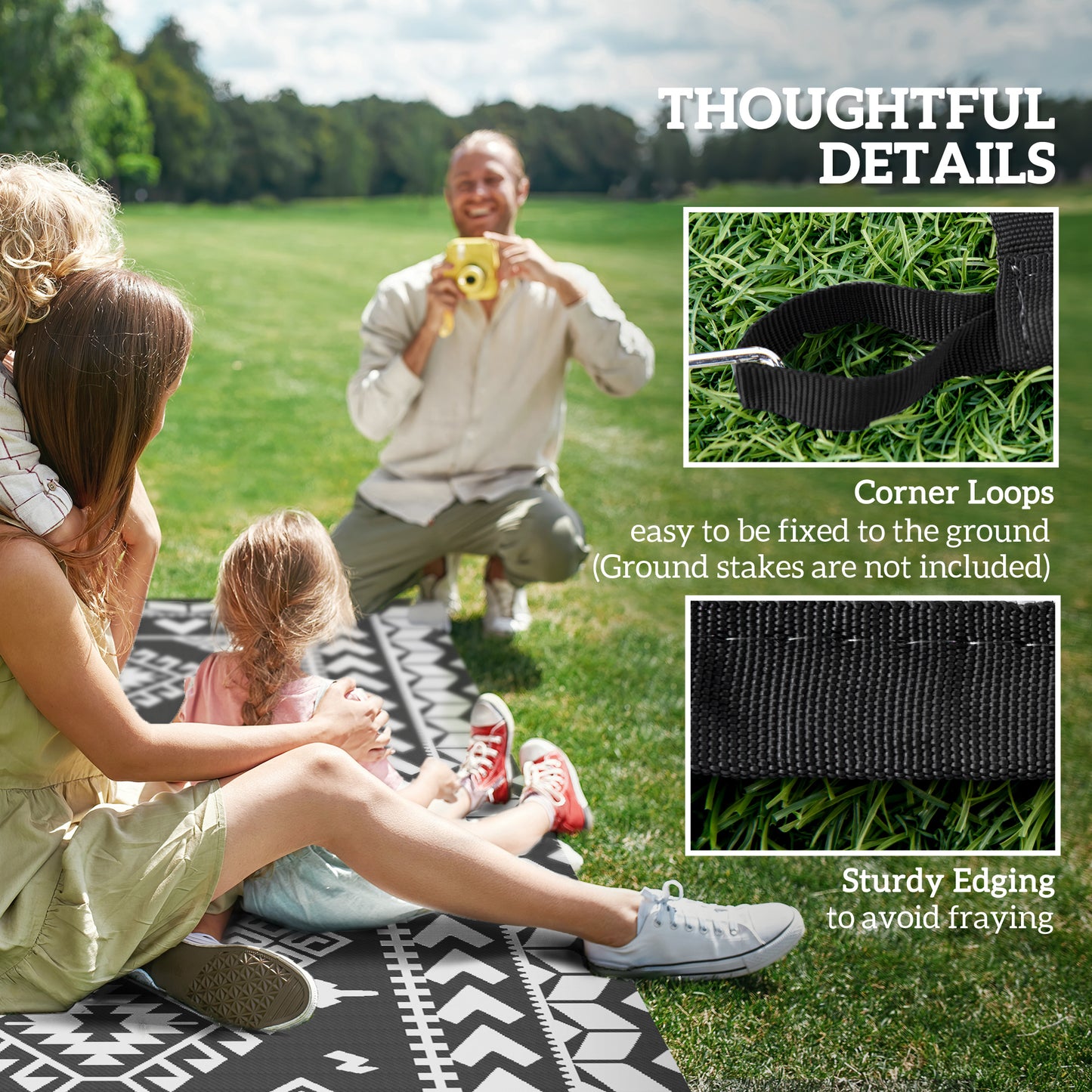 Reversible Outdoor Rug - Waterproof Plastic Straw, 9' x 18', Black & White Rhombus Patchwork