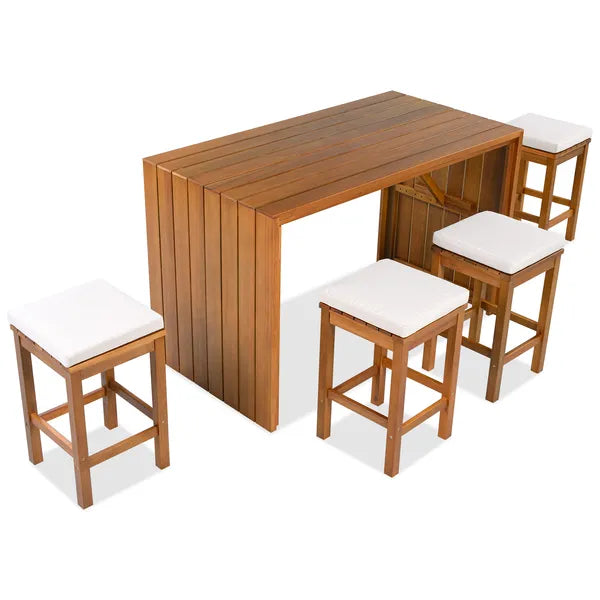 5-Piece Outdoor Bar Set with Cushions - Acacia Wood Table & Stools