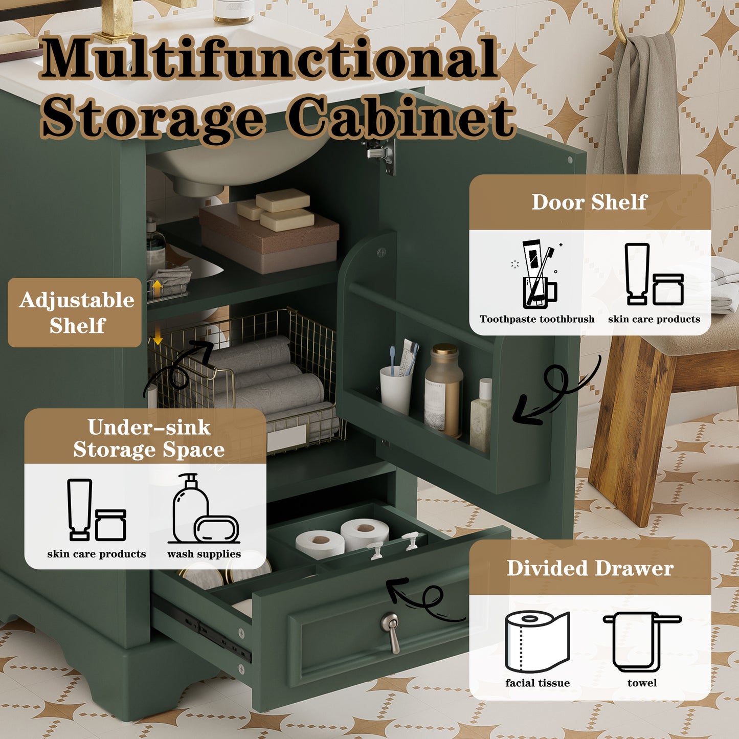 20 Inch Bathroom Vanity with Ceramic Sink and Soft Close Door - Green