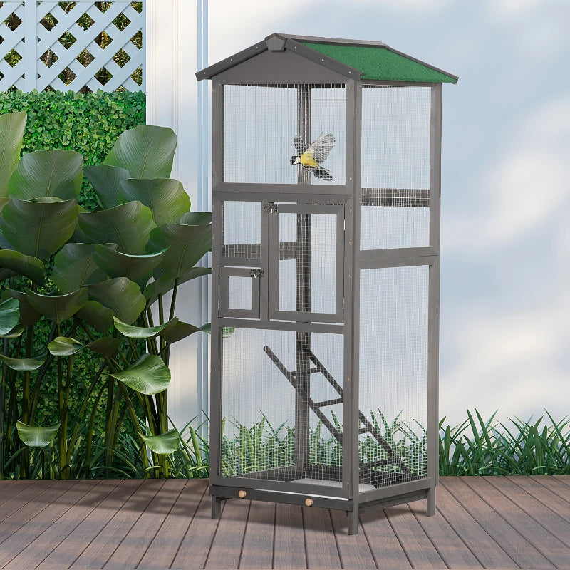 Outdoor Wooden Bird Cage for Parrots and Small Birds with Pull-Out Tray - Grey & Green