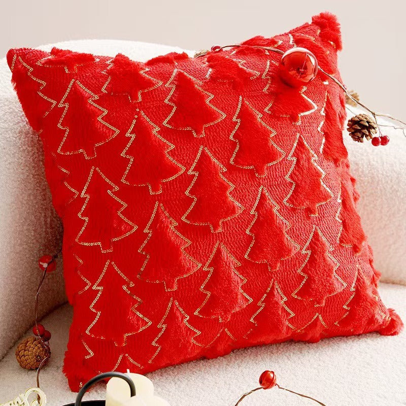 Christmas Tree Throw Pillow Cover - 3D Plush Embossed Xmas Cushion with Gold Stitching, Holiday Decor