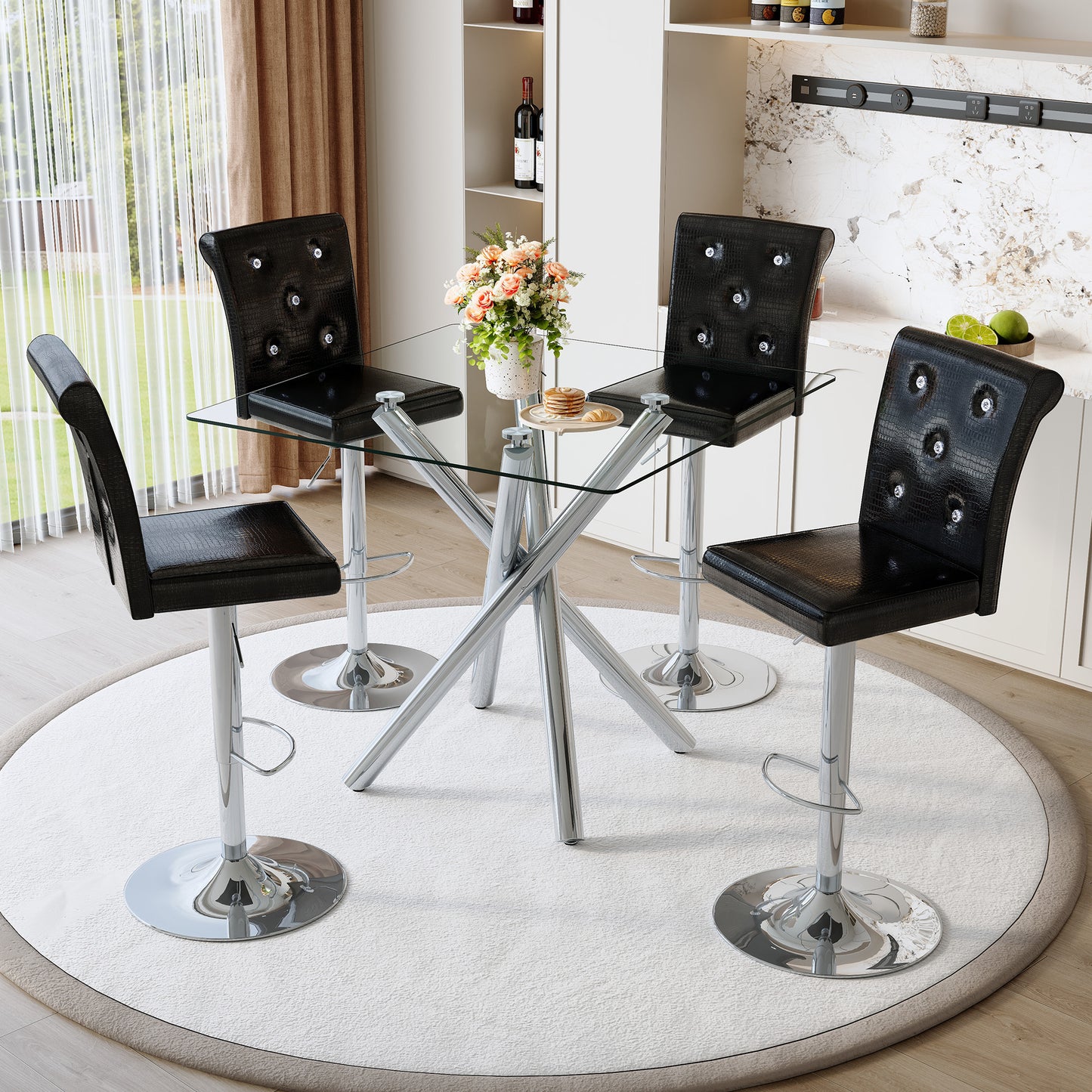 Modern Glass Bar Table And Adjustable Stools Set Of 2, Contemporary