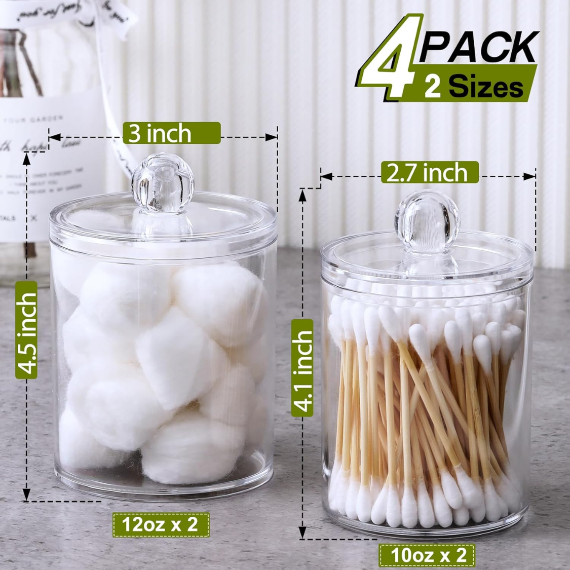 4-Pack Clear Acrylic Qtip Holder Dispenser Set - Bathroom Storage