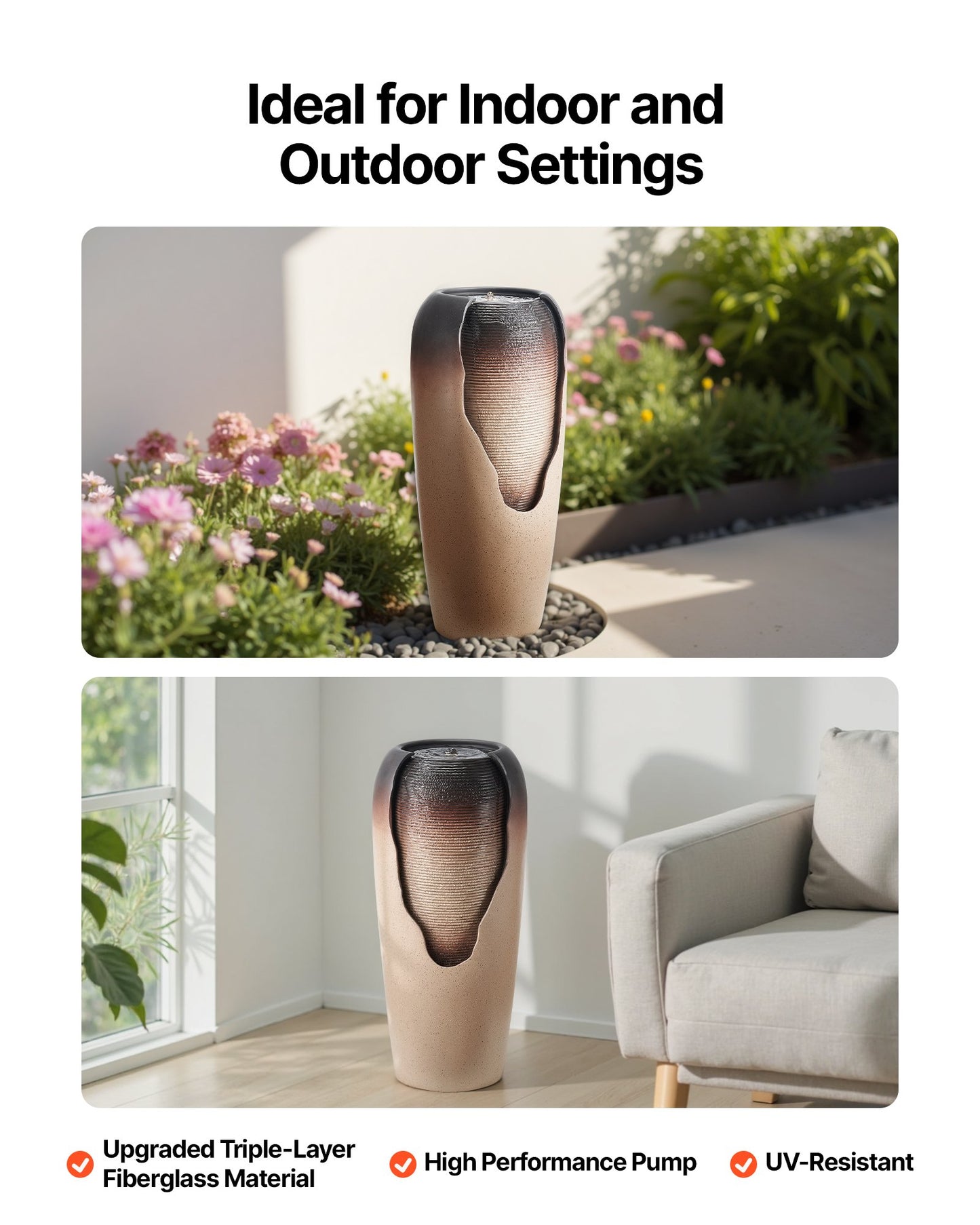 Outdoor Water Fountain 1-Tier Glazed Jar Style Garden Fountain - Brown