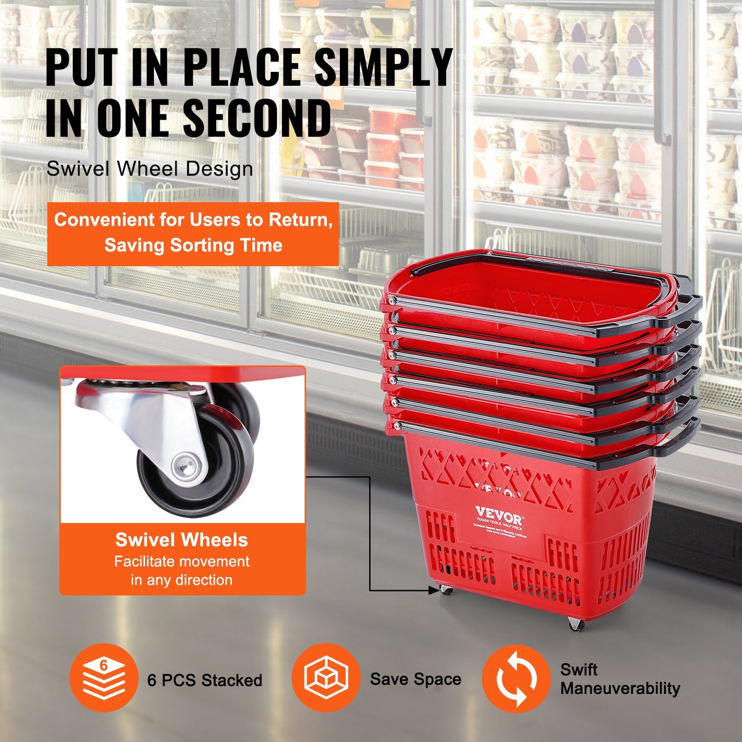 6PCS Large Capacity Plastic Shopping Trolley Baskets on Wheels - Red