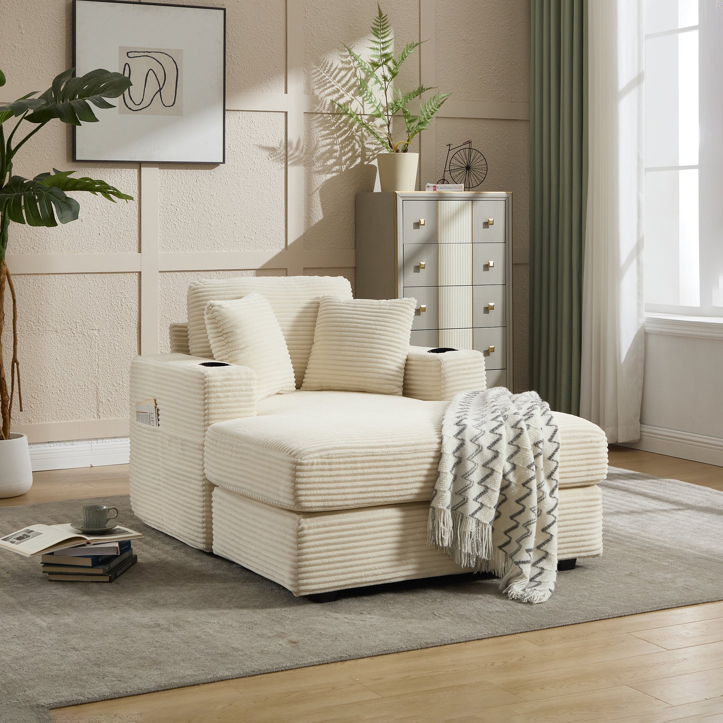Beige Corduroy Chaise Lounge Sofa with Detachable Cushions