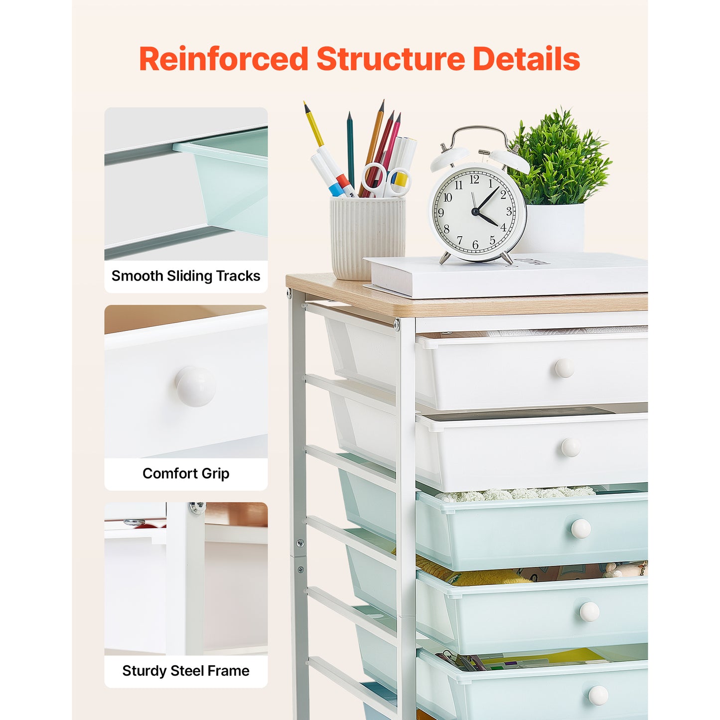 Rolling Storage Cart with 8 Drawers and Wood Top - Mobile Utility Organizer, Green Blue