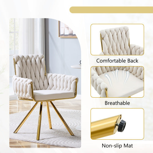 Set of 2 Velvet Braided Accent Dining Chairs with Gold Legs - Beige